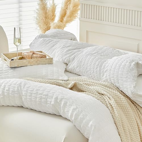 WARMDERN Duvet Cover Set Queen Size, 3pcs Washed Microfiber White Bedding Set, Soft Breathable Striped Textured Seersucker Duvet Cover with Zipper Closure & Corner Ties(White, Queen) WARMDERN