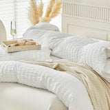 WARMDERN Duvet Cover Set Queen Size, 3pcs Washed Microfiber White Bedding Set, Soft Breathable Striped Textured Seersucker Duvet Cover with Zipper Closure & Corner Ties(White, Queen) WARMDERN