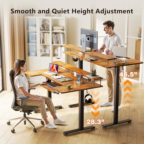 OffiGo U Shaped Electric Standing Desk with Keyboard Tray, 55 Inch Height Adjustable Desk with Power Outlets & LED Lights, Sit Stand Table with Monitor Stand for Home, Office, Rustic Brown OffiGo