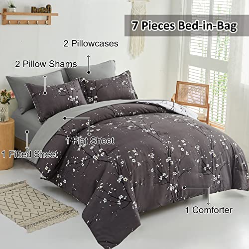 WONGS BEDDING 7 Pieces Comforter Set Full, Floral Bed in a Bag Comforter Reversible Flower Plum Bedding Set Full Size（1 Comforter,2 Pillowcase,2 Pillow Shames,1 Flat Sheet,1 Fitted Sheet） WONGS BEDDING