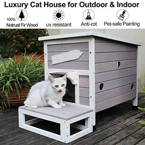 HiCaptain Outdoor Cat House, Weatherproof Feral Cat House with Escape Door, Outside Wooden Single Story Pet House for Cats, Puppies and Small Pet - Grey HiCaptain