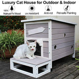 HiCaptain Outdoor Cat House, Weatherproof Feral Cat House with Escape Door, Outside Wooden Single Story Pet House for Cats, Puppies and Small Pet - Grey HiCaptain