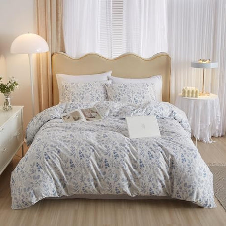 Queen Comforter Set White Blue Floral Bedding Comforter Set Queen Vintage Style Garden Floral Comforter Set for Girls Botanical Flower Comforter Set for All Seasons 1 Boho Comforter with 2 Pillowcases LifeTB