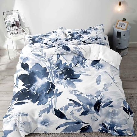 LUVIVIHOME 2PCS Navy Blue Floral Duvet Cover Twin Bedding Sets, Modern Abstract Minimalist Aesthetic Rustic Farmhouse Spring Watercolor Flower Leaf Plant Botanical White Comforter Cover, 1 Pillow Case LUVIVIHOME