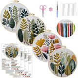 MULTIONS 4 Pack Embroidery Kit for Beginners, Cross Stich for Adults, Embroidery Starter Kits with Pattern, Hoop, Neeldes, Scissor(Flower and Plants)