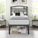 QEROMY Twin Size Bed Frame - Storage Headboard with Charging Station, Easy Assembly, 18 inch Heavy Duty Metal Platform Bed Frame No Box Spring Needed, Black QEROMY