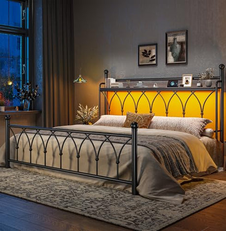 EnHomee 54" King Bed Frame with Tall Storage Headboard, Metal King Size Bed Frame with LED Lights and Power Outlets, Sturdy & Noise-Free, Metal Slats, No Box Spring Needed, Black EnHomee