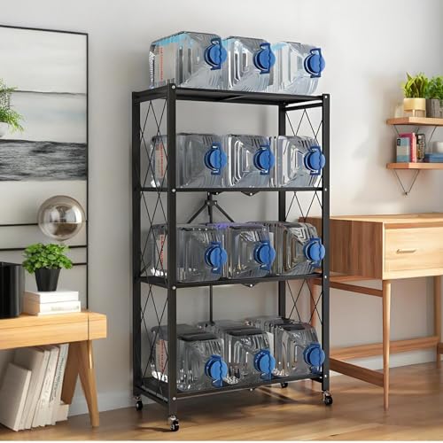Kitchen Garage Metal Shelves, Storage Shelves Organizer, Foldable Metal Shelving, Closet Shelving Unit, 28" W x 14" D x 50" H Bakers Rack Microwave Stand, Plant Stand with Wheels (4-Tier Shelf) GOARLPEY
