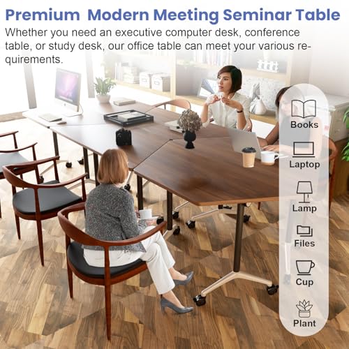Folding Walnut Trapezoid Conference Tables,47.2" Modern Modular Conference Room Tablesfor 10 People,Mobile Training Table with Wheels,Flip Top Rolling Seminar Meeting Table (8 Pack) FERYSUN