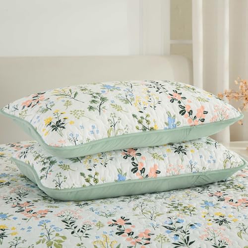 Anibedding Floral Quilt Set Twin Size,2 Pieces Flower Parrten Bedspread Coverlet,Garden Style Soft Lightweight Micorfiber Bedding Set with 1 Pillowcases for All Seaaon(68"×86",Green) Anibedding
