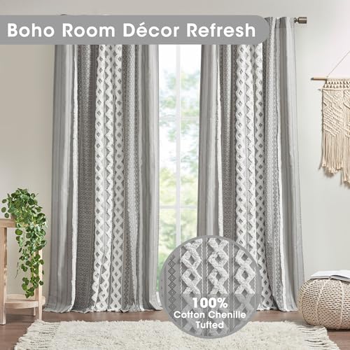 INK+IVY Imani 100% Cotton Single Panel Curtain Tufted Chenille Stripe Geometric Print Mid-Century Look Rod Pocket Top Drape for Living Room, Privacy Window Treatment for Bedroom, 50" x 84", Grey INK+IVY