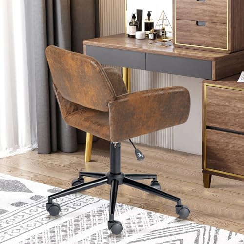 FurnitureR Office Chair, Upholstered Suede Mid Back Swivel Computer Desk Chair with Rolling Wheels, Adjustable Task Chair for Home, Bedroom, Make-up, Studying, Small Spaces - Brown - WoodArtSupply