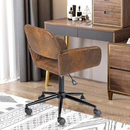 FurnitureR Office Chair, Upholstered Suede Mid Back Swivel Computer Desk Chair with Rolling Wheels, Adjustable Task Chair for Home, Bedroom, Make-up, Studying, Small Spaces - Brown - WoodArtSupply