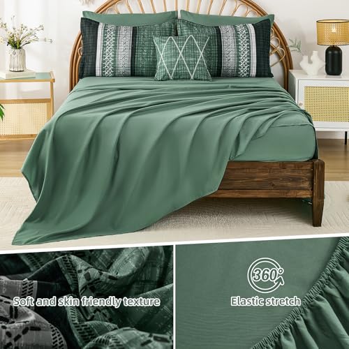 Dintszyayue Green Comforter Set Queen Size, 8 Pieces Boho Striped Bed in a Bag Soft Microfiber Bedding Set for All Season Dintszyayue