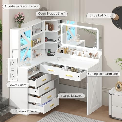 L-Shaped Corner Vanity Desk with LED Lighted Mirror & Charging Station, White Makeup Vanity with 6 Drawers & Sliding RGB Cabinet, Large Farmhouse Dressing Table with Open Storage Shelves for Women CSZZD