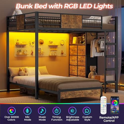 ADORNEVE Bunk Bed Twin Over Twin Size with 8 Storage Drawers, Twin Bunk Beds with Led Lights & Storage Shelves, Metal Loft Bed with 13.4" H Safety Guardrail & Ladder, for Kids & Teens, Black ADORNEVE