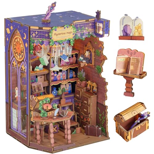 MOMIBOOK Book Nook Kit 153 Pcs DIY Miniature Dollhouse Kit for Adults, 3D Wooden Puzzle Mini Booknook Bookend Bookshelf Decor, Tiny House Model, Party Christmas Birthday Gifts, Fingertip Magic Cabin