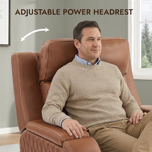 Watson & Whitely Genuine Leather Wall Hugger Power Recliner Chair with Power Headrest, Heating & Cooling, Electric Lay Flat Recliner with Cup Holders & Armrest Storage for Living Room, Saddle Brown