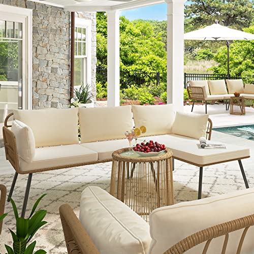 YITAHOME 3 Pieces Patio Furniture Set, Outdoor Wicker Conversation Sectional L-Shaped Sofa with 4 Seater for Backyard, Porch, Boho Detachable Lounger with Cushions and Coffee Table - Beige - WoodArtSupply