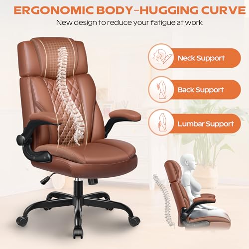 Ergonomic Executive Office Chair with Flip-Up Arms, Faux Leather Desk Chair with Lumbar Support, Adjustable Headrest Home Office Computer Gaming Chair, Comfy 360° Swivel & Rocking Function fidom