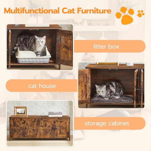 HOOBRO 47.2" Litter Box Enclosure for 2 Cats, Hidden Litter Box Furniture with Double Rooms, Wooden Cat Litter Box Enclosure, Dual Litter Box Design, Large Cat House for 2 Cats, Rustic Brown  - WoodArtSupply