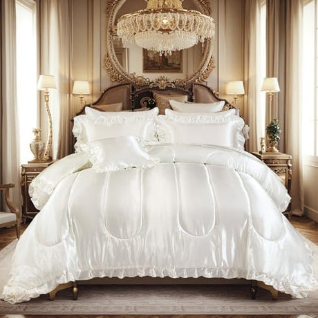 Silk Like Satin Comforter Set with Sheet Set King 8 Pcs White Satin Bedding Set Silky Ruffle Pattern Home Deocr Luxury Hotel Silky Bed in a Bag with 1 Cushion Cover Bedding_Dreamer