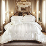 Silk Like Satin Comforter Set with Sheet Set Queen 8 Pcs White Satin Bedding Set Silky Ruffle Pattern Home Deocr Luxury Hotel Silky Bed in a Bag with 1 Cushion Cover Bedding_Dreamer