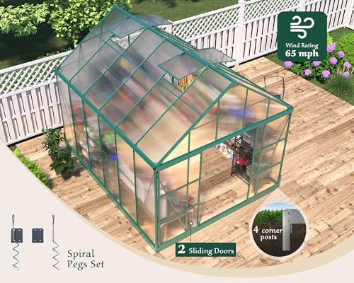 AMERLIFE 12x10x10 FT Polycarbonate Greenhouse with 2 Sliding Doors 4 Vents Window Walk-in Large Aluminum Greenhouse Premium Professional hot House for Outdoors, Green