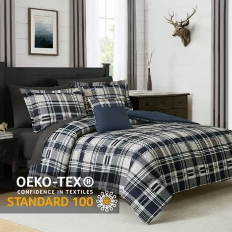 MaiRêve Queen Size Comforter Set Navy Blue, Classic Plaid Farmhouse 7 Pieces Bedding Set, All Season Lightweight Bed in a Bag with Sheets, Pillowcases & Shams MaiRêve