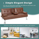 ARLIME Convertible Futon Sofa Bed, Faux Leather Sofa Sleeper W/Adjustable Backrest, Folding Cup Holder, Removable Armrests, Steel Leg, Modern Style Sofa Bed for Livingroom, Office, Apartment (Brown) ARLIME