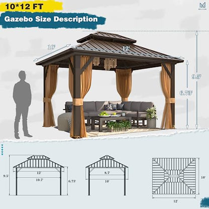 MELLCOM 10'x12' Hardtop Gazebo, Galvanized Steel Metal Double Roof Aluminum Gazebo with Curtain and Netting, Brown Permanent Pavilion Gazebo for Patio, Lawn & Garden