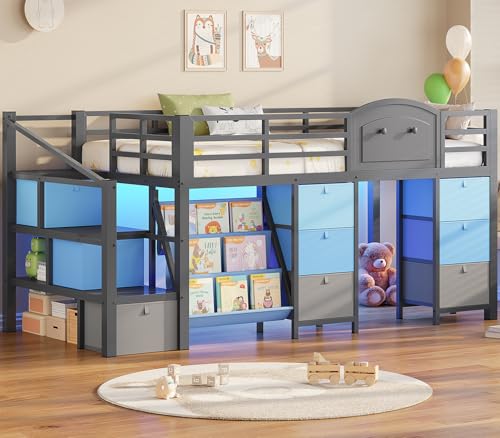 VIAGDO Low Loft Bed Twin Size with 9 Storage Drawers, Bookcase and LED Lights, Metal Kids Loft Bed with Wide Staircase, Open Shelves and Safety Guardrail, Twin Loft Bed with Under-Bed Playhouse, Grey VIAGDO