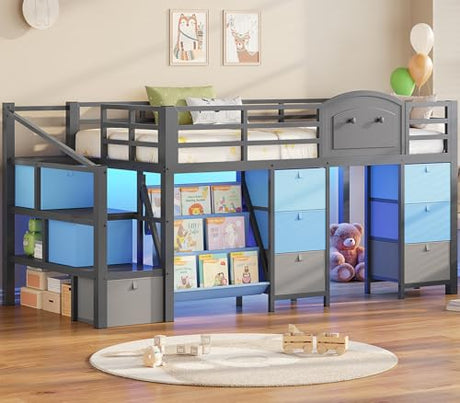 VIAGDO Low Loft Bed Twin Size with 9 Storage Drawers, Bookcase and LED Lights, Metal Kids Loft Bed with Wide Staircase, Open Shelves and Safety Guardrail, Twin Loft Bed with Under-Bed Playhouse, Grey VIAGDO