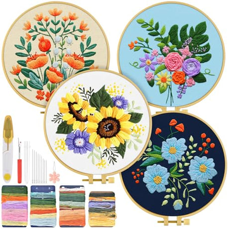 TINDTOP 4 Sets Embroidery Kit for Adults, Floral Embroidery Practice Kit for Beginners Include Embroidery Cloth Hoops Threads for Craft Lover Hand Stitch with Embroidery Skill Techniques TINDTOP
