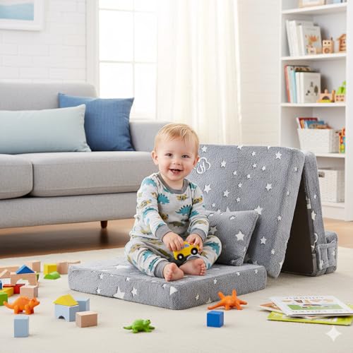 Foldable Floor Mattress with Pillow for Kids, Glow in The Dark Grey Star Toddler Washable Folding Floor Nap Mat for Daycare, Child Trifold Futon Sofa Bed with Storage Bag for Playroom Girls and Boys Givjoy