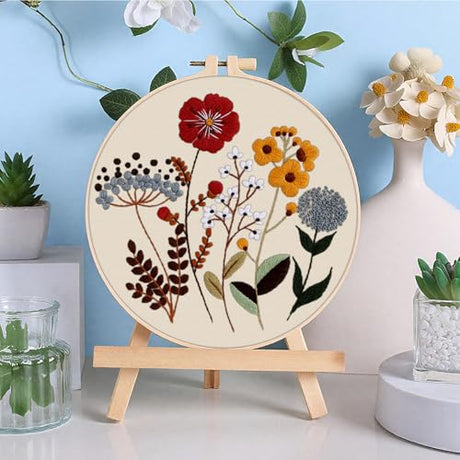 ERKOON 3 Sets Embroidery Kit, Floral Cross Stitch Set for Include Embroidery Cloth Hoops Threads for Craft Lover Hand Stitch (Plants & Flowers) ERKOON