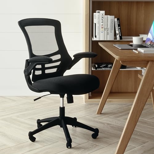 Flash Furniture Kelista Mid-Back Swivel Office Chair with Adjustable Seat Height, Ergonomic Mesh Desk Chair with Flip-Up Armrests, Black Flash Furniture
