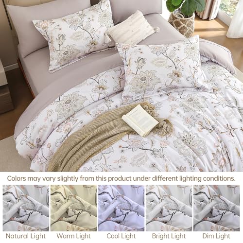 Luxudecor Floral Comforter Set King Size 7 Pieces Bed in a Bag, Beige Paisley Flower Bed Set, Soft Lightweight Comforter with Sheet Set 104"x90" Luxudecor