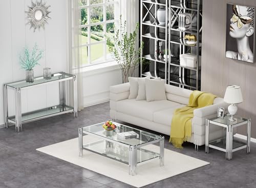 SSLine Modern Luxury Console Table Rectangular Glass Accent Entryway Table for Hallway Living Room, 2-Tier Storage, Silver Stainless Steel Frame Design SSLine