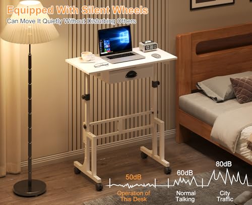 Adjustable Height Standing Desk With Drawer, Rolling Sit Stand Up Desk With Wheels, Small Sit To Stand Computer Desk, Adjustable Desktop Height, On Wheels, White, For Walking Pad Laptop Treadmill Cidaziya