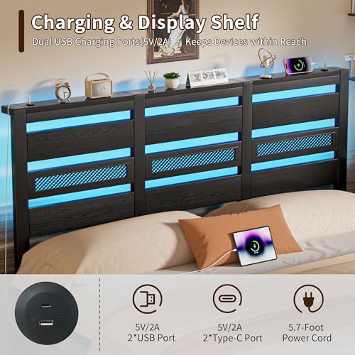Arviano Home King Size Bed Frame with Storage Headboard, Rustic Industrial Metal Platform Bed Frame with LED Lights and Charging Station, Under Bed Storage, Noise-Free/No Box Spring Needed, Black Arviano Home