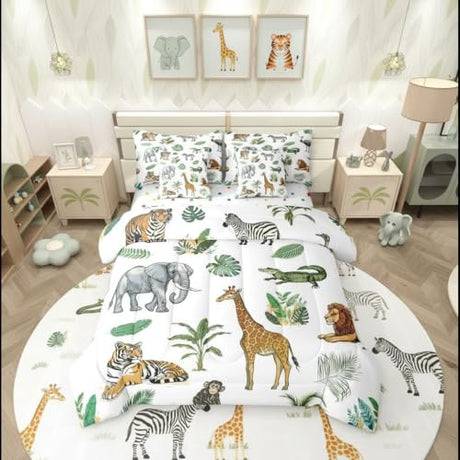 Erosebridal Wild Animal Kids Bed in A Bag Twin 7 Piece Cartoon Elephant Giraffe Comforter Set Safari Animals Bedding Sets for Kids Crocodile Tiger Zebra Palm Tree Tropical Sheet Set with Comforter Erosebridal
