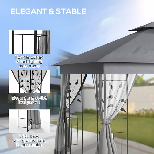 Outsunny 10' x 11.5' Metal Patio Gazebo, Double Roof Outdoor Gazebo Canopy Shelter with Tree Motifs Corner Frame and Netting, for Garden, Lawn, Backyard, and Deck, Gray Outsunny