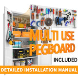 Upgraded Tall & Wide Metal Storage Cabinet with Doors & 4 Adjustable Shelves | Heavy-Duty Black Lockable Garage Cabinet with Wheels & Pegboard for Office, Gym, Basement, Warehouse (White) basenji