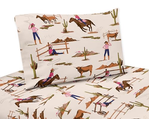 Sweet Jojo Designs Western Cowgirl Girl Twin Sheets Set Single Size Bed Flat Fitted Sheet Pillow Case Kid Childrens Teenager Bedding 3p Wild West Vintage Country Retro Animal Southwest Brown Pink Blue Sweet Jojo Designs