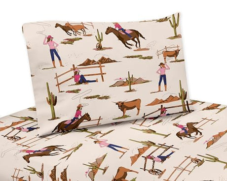Sweet Jojo Designs Western Cowgirl Girl Twin Sheets Set Single Size Bed Flat Fitted Sheet Pillow Case Kid Childrens Teenager Bedding 3p Wild West Vintage Country Retro Animal Southwest Brown Pink Blue Sweet Jojo Designs