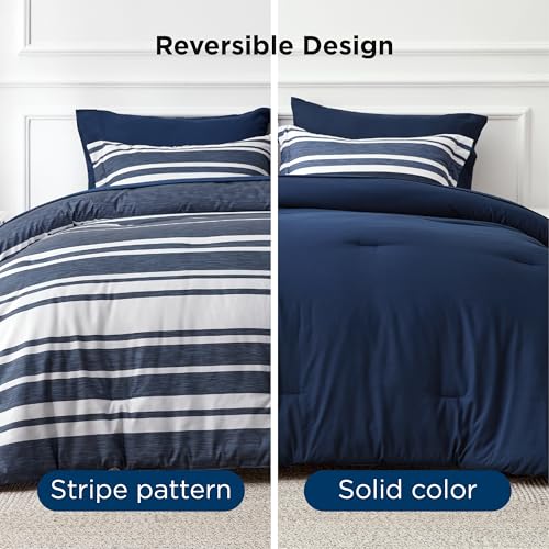 Bedsure Queen Comforter Set 7 Pieces, Blue Striped Bedding Set for All Seasons, Reversible, Cationic Dyeing Bed in a Bag with Comforter, Sheets, Pillowcases & Shams Bedsure