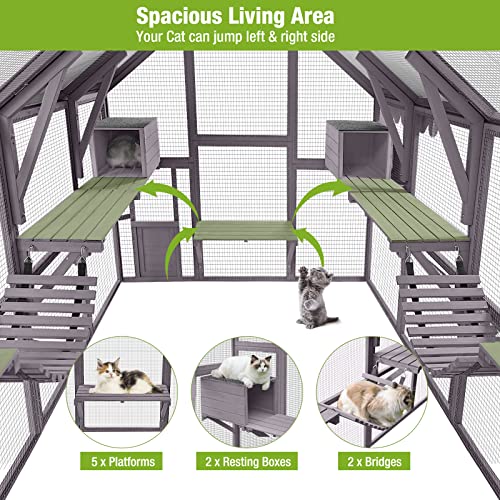 Large Cat Run Wooedn Cat Houses Outdoor Enclosure, Catio Cat Cage Kitten Condo-Backyard Run Cage for Pets, Weather Proof Cover- 110" L - WoodArtSupply