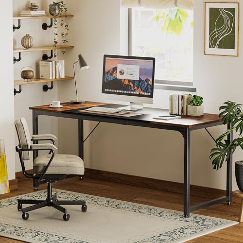 Huuger Computer Desk, 70 Inch Office Desk, Gaming Desk with Storage, Writing Desk Work Desk for Home Office, Study, Long Simple Desk, Large Legroom, Metal Frame, Rustic Brown and Black - WoodArtSupply