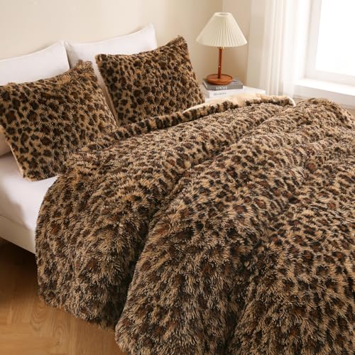 Melo10PM Cheetah Print Fluffy Faux Fur Comforter Set Queen Size, 3 Pieces Brown Leopard Plush Shaggy Fuzzy Bedding Set, Ultra Soft Luxury Furry Boho Animal Print Winter Warm Comforter for Women Gilrs Melo10PM